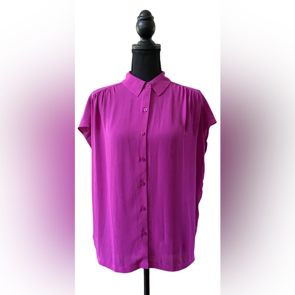 LOFT: Magenta Purple Relaxed Button Down Shirt with Mandarin Collar